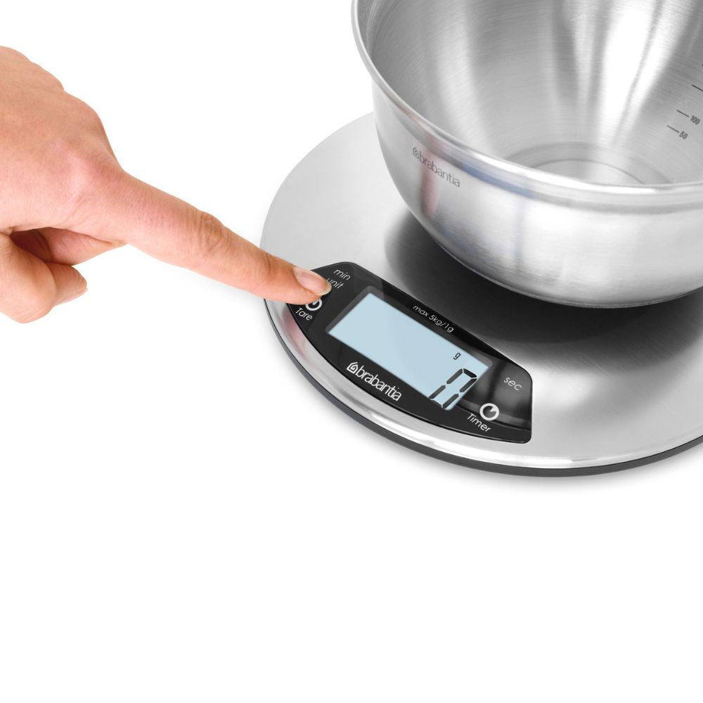Profile Digital Kitchen Scales, Round, with Timer - Matt Steel at Brabantia GH