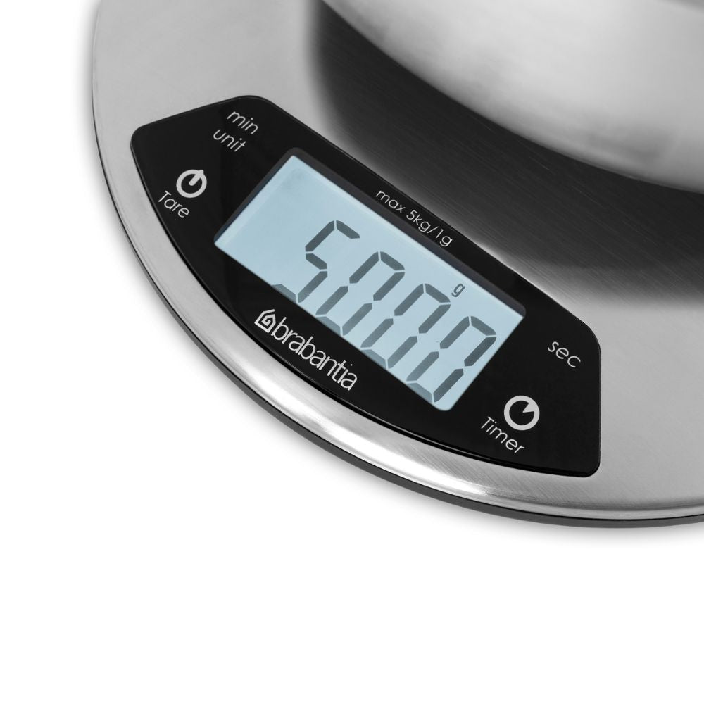 Profile Digital Kitchen Scales, Round, with Timer - Matt Steel at Brabantia GH
