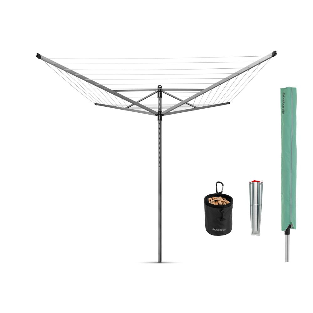 Rotary Lift-O-Matic, 50 metre with Ground Spike, 45mm diameter, Cover, Peg Bag and Pegs - Metallic Grey at Brabantia GH