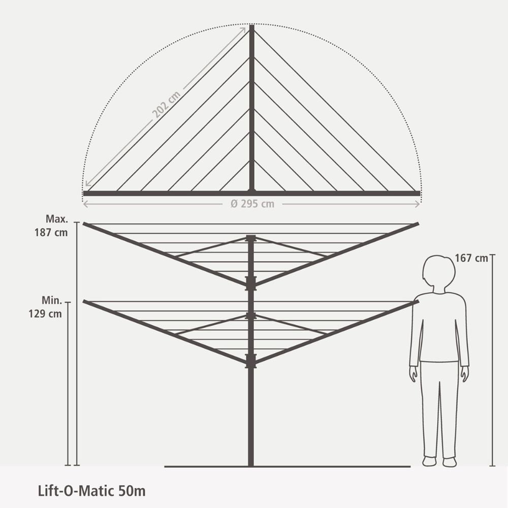 Rotary Lift-O-Matic, 50 metre with Ground Spike, 45mm diameter, Cover, Peg Bag and Pegs - Metallic Grey at Brabantia GH