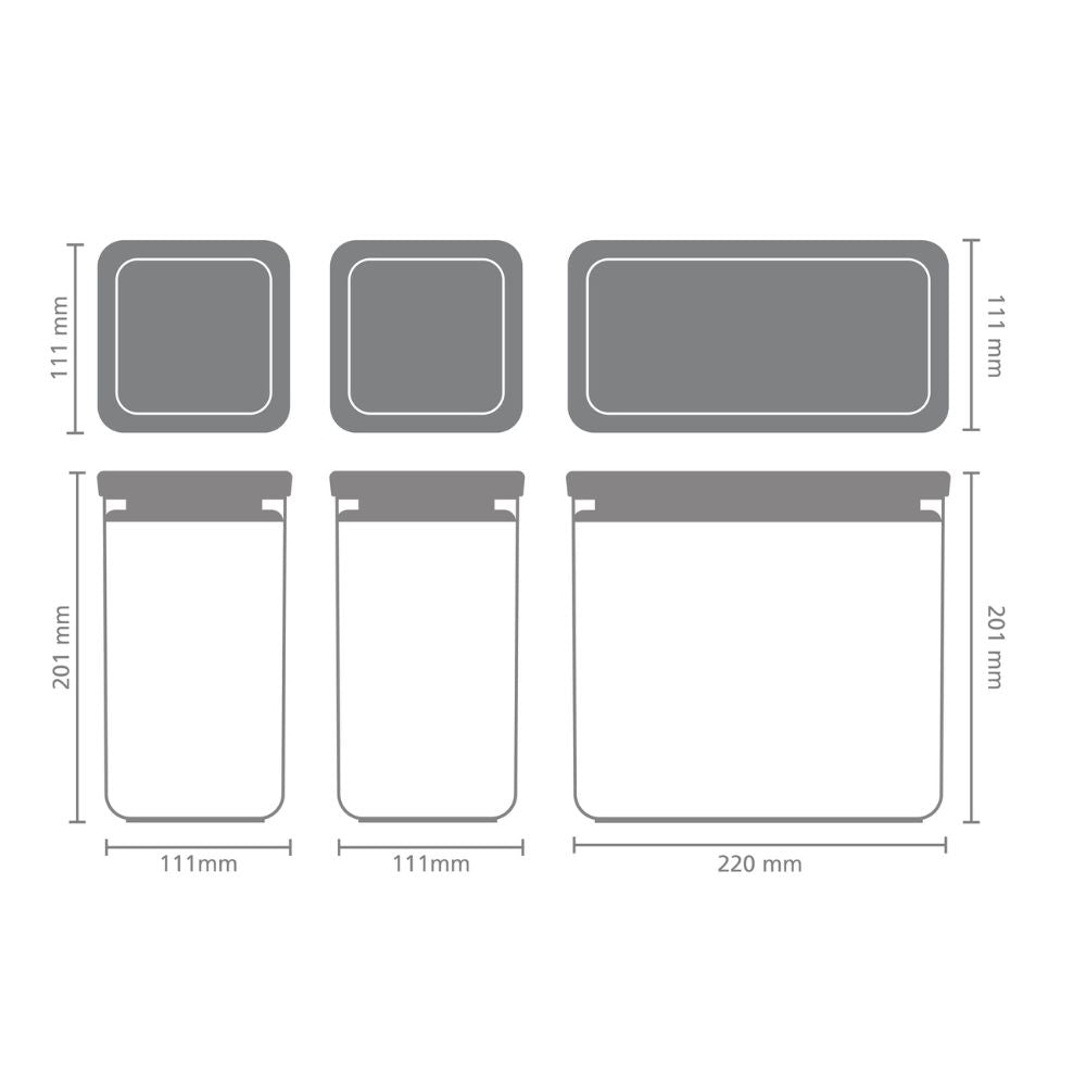 Tasty+ Stackable Canister, Set of 3, 2x1.6 litre and 1x3.5 litre - Light Grey Dimensions at Brabantia GH