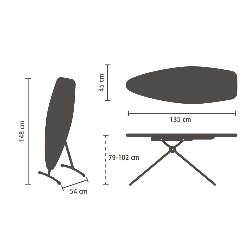 Steam & Ironing Board D, 135x45 cm, HRPZ - Denim Black Dimensions at Brabantia GH